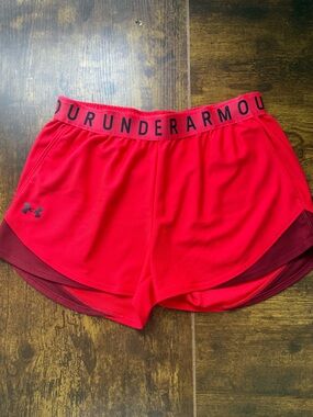 Under Armour Women's Red Athletic Shorts with Dark Red Trim